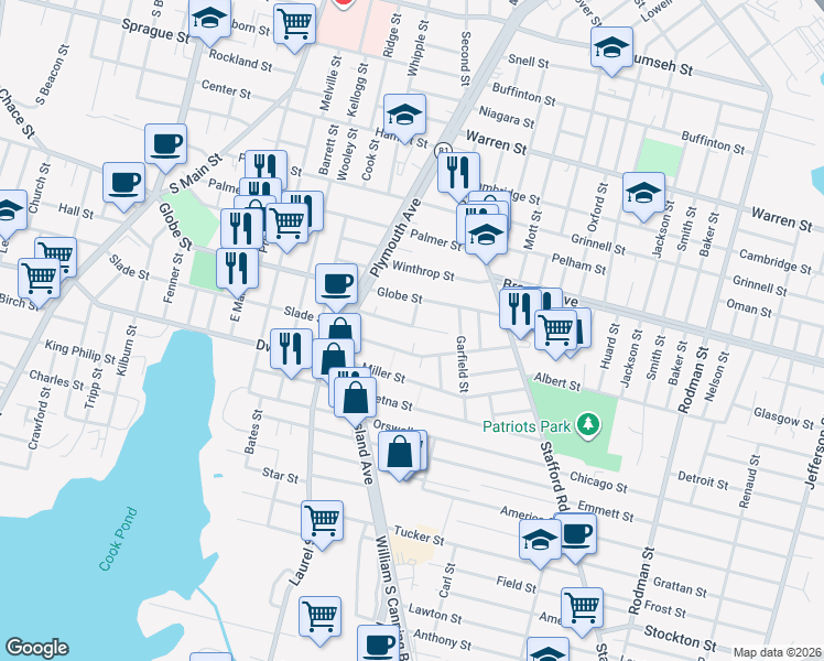 map of restaurants, bars, coffee shops, grocery stores, and more near 109 Pebble Street in Fall River