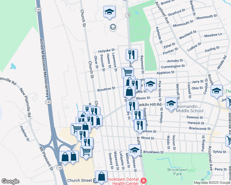 map of restaurants, bars, coffee shops, grocery stores, and more near 396 Hawes Street in New Bedford