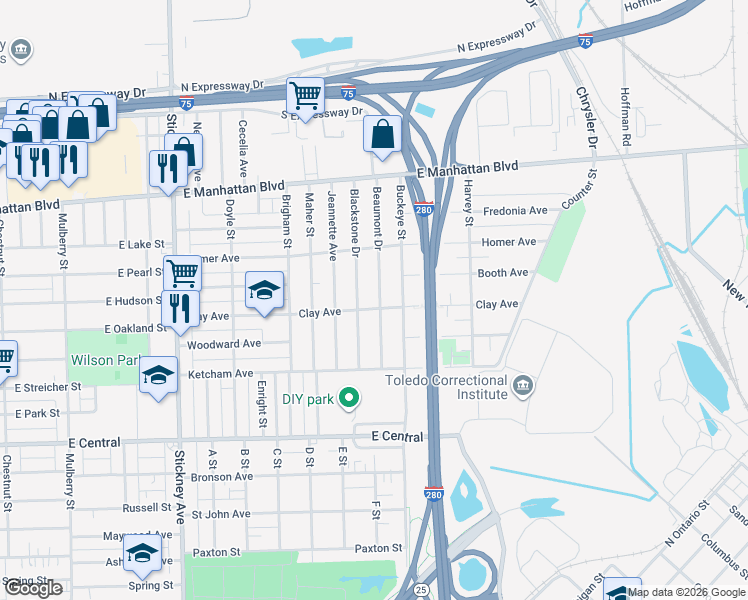 map of restaurants, bars, coffee shops, grocery stores, and more near 3305 Beaumont Drive in Toledo