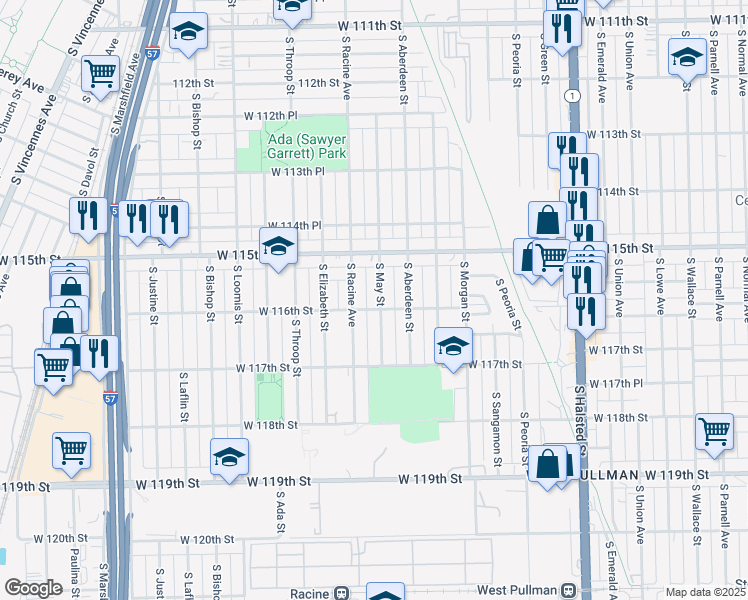 map of restaurants, bars, coffee shops, grocery stores, and more near 11550 South May Street in Chicago
