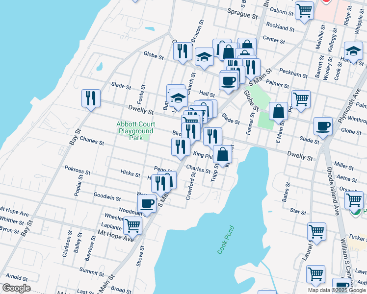 map of restaurants, bars, coffee shops, grocery stores, and more near 684 King Philip Street in Fall River