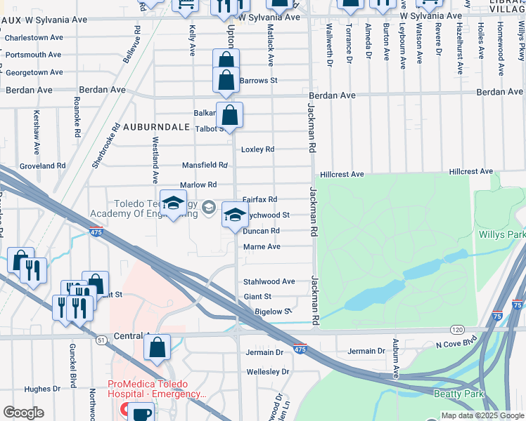 map of restaurants, bars, coffee shops, grocery stores, and more near 1816 Wychwood Street in Toledo
