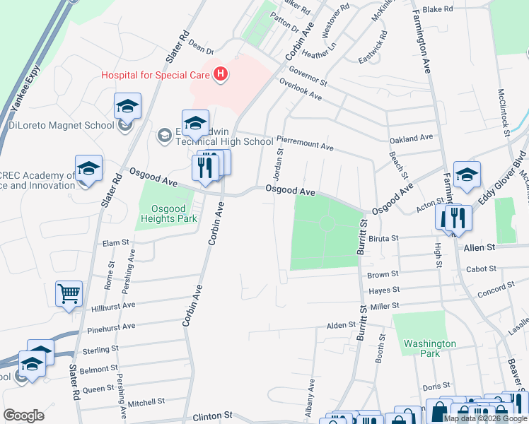 map of restaurants, bars, coffee shops, grocery stores, and more near 314 Osgood Avenue in New Britain