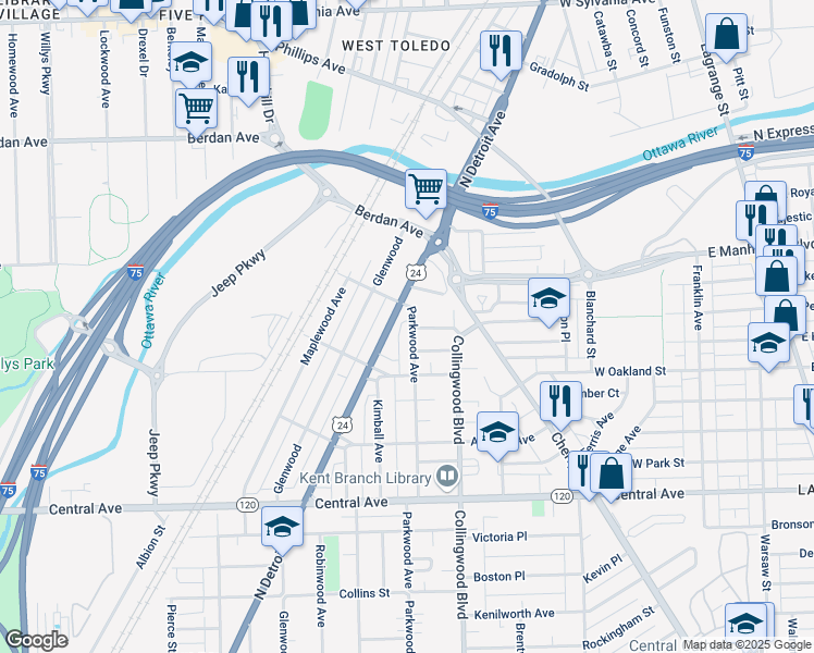 map of restaurants, bars, coffee shops, grocery stores, and more near 3353 Parkwood Avenue in Toledo