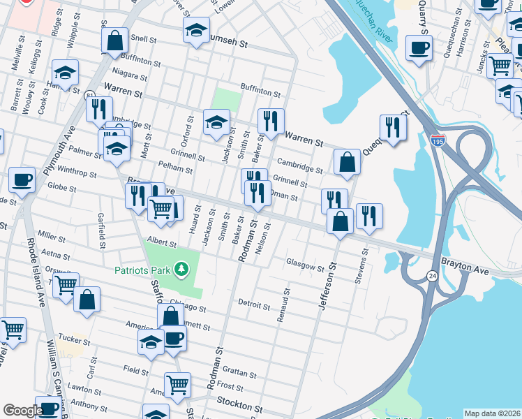 map of restaurants, bars, coffee shops, grocery stores, and more near 492 Brayton Avenue in Fall River