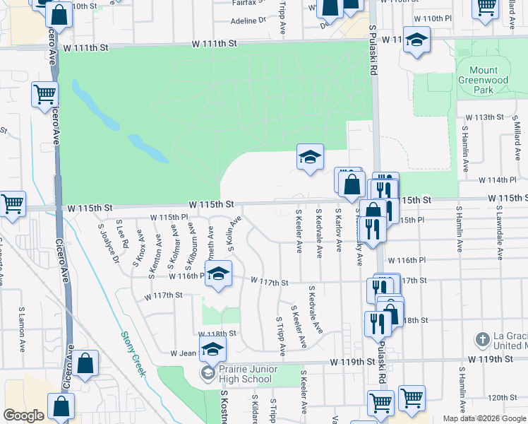 map of restaurants, bars, coffee shops, grocery stores, and more near 11543 South Villa Court in Alsip