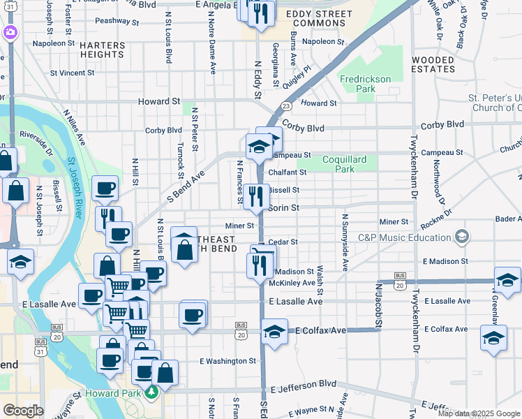 map of restaurants, bars, coffee shops, grocery stores, and more near 1100 Sorin Street in South Bend