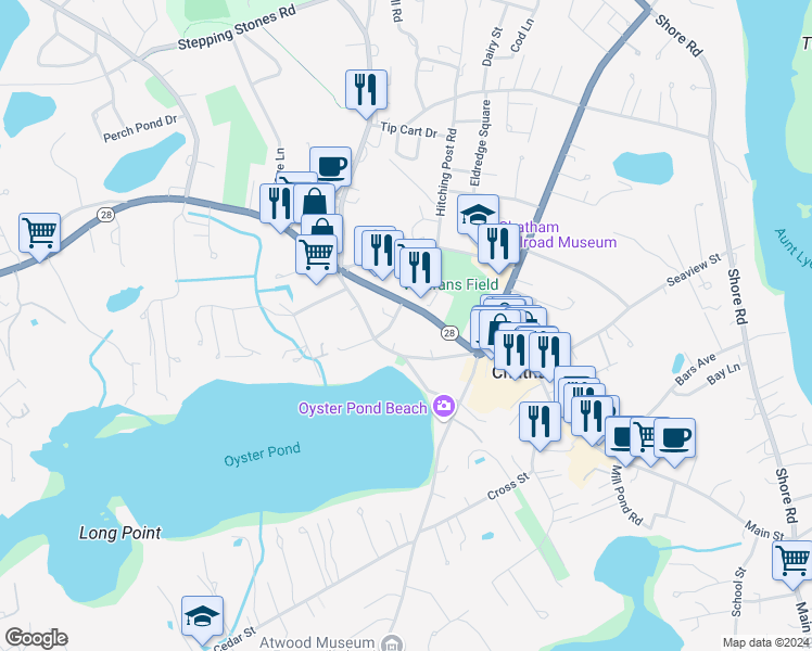 map of restaurants, bars, coffee shops, grocery stores, and more near 17 Adams Lane in Chatham