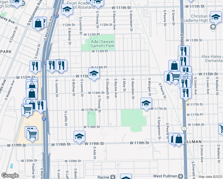 map of restaurants, bars, coffee shops, grocery stores, and more near 11551 South Elizabeth Street in Chicago