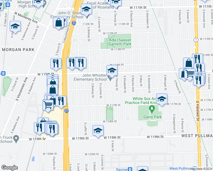 map of restaurants, bars, coffee shops, grocery stores, and more near 11548 South Ada Street in Chicago