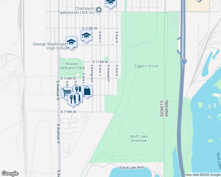 map of restaurants, bars, coffee shops, grocery stores, and more near 11633 South Avenue H in Chicago
