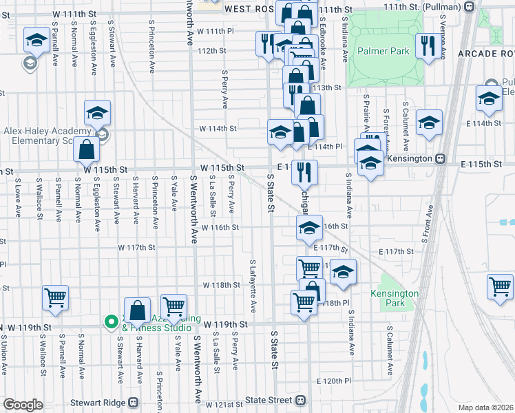map of restaurants, bars, coffee shops, grocery stores, and more near 11561 South Lafayette Avenue in Chicago