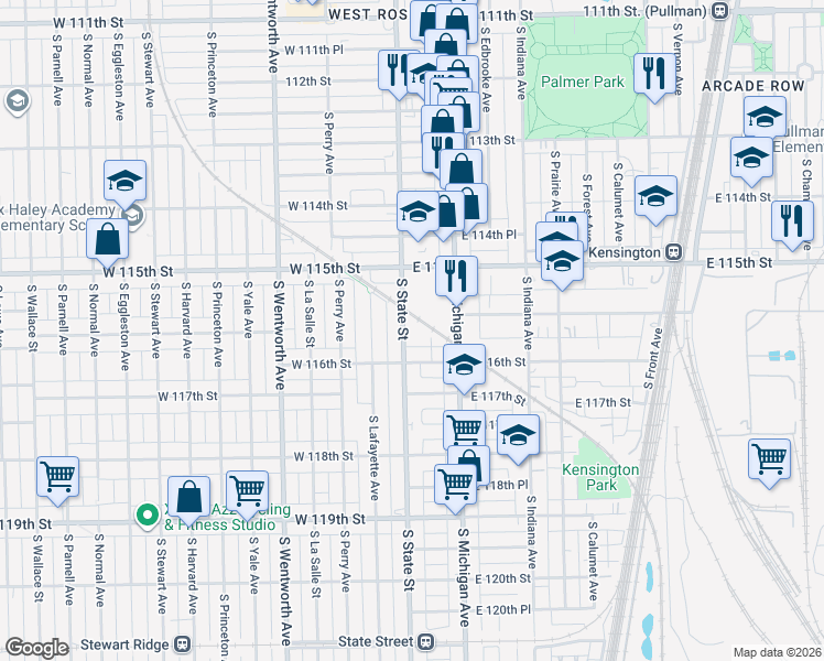 map of restaurants, bars, coffee shops, grocery stores, and more near 11563 South State Street in Chicago