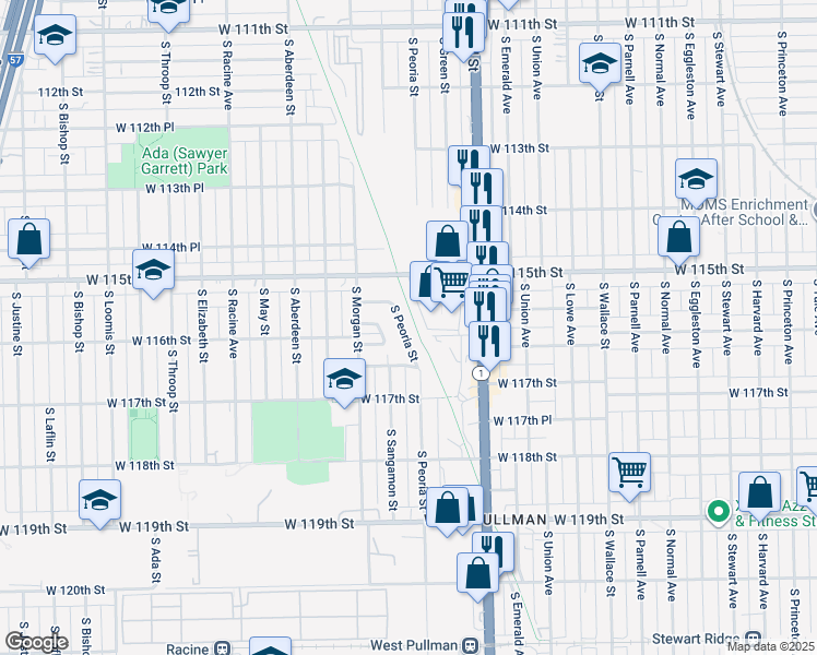 map of restaurants, bars, coffee shops, grocery stores, and more near 11557 South Peoria Street in Chicago