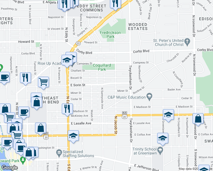map of restaurants, bars, coffee shops, grocery stores, and more near 1328 East Sorin Street in South Bend