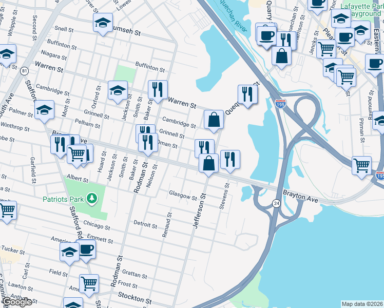 map of restaurants, bars, coffee shops, grocery stores, and more near 25 Aberdeen Street in Fall River