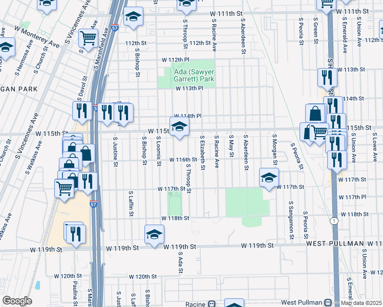 map of restaurants, bars, coffee shops, grocery stores, and more near 11549 South Throop Street in Chicago