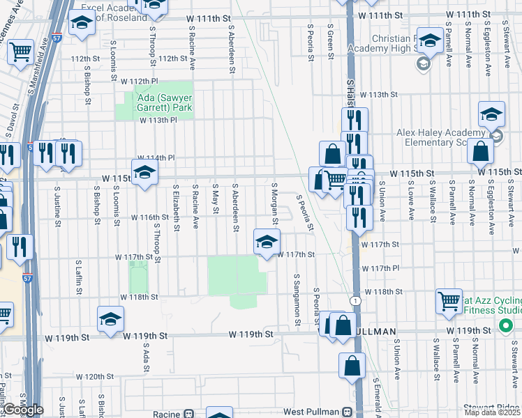 map of restaurants, bars, coffee shops, grocery stores, and more near 11551 South Carpenter Street in Chicago
