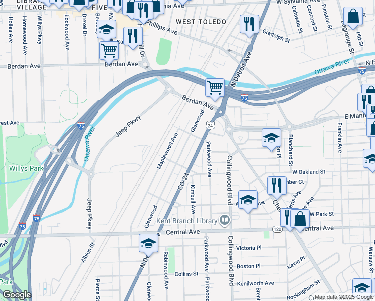 map of restaurants, bars, coffee shops, grocery stores, and more near 3338 Glenwood in Toledo