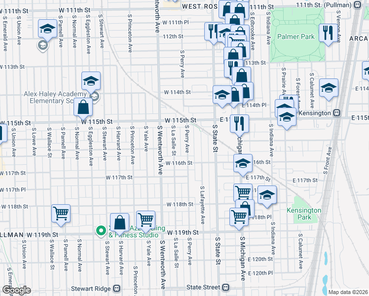 map of restaurants, bars, coffee shops, grocery stores, and more near 11558 South Perry Avenue in Chicago