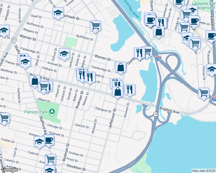 map of restaurants, bars, coffee shops, grocery stores, and more near 25 Aberdeen Street in Fall River
