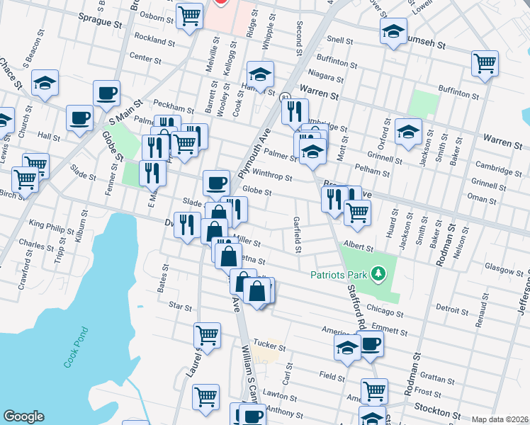 map of restaurants, bars, coffee shops, grocery stores, and more near 109 Pebble Street in Fall River