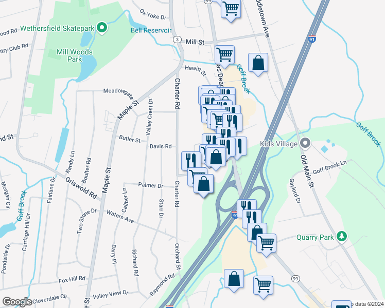 map of restaurants, bars, coffee shops, grocery stores, and more near 148 Charter Road in Wethersfield