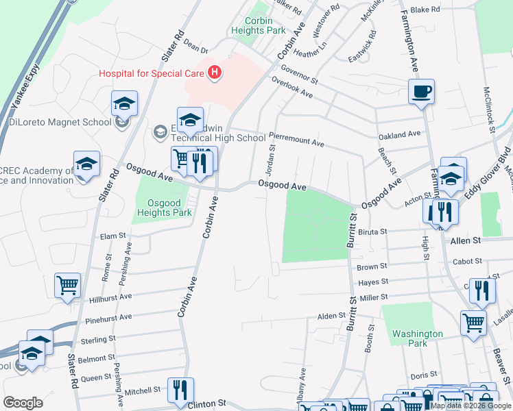 map of restaurants, bars, coffee shops, grocery stores, and more near 314 Osgood Avenue in New Britain
