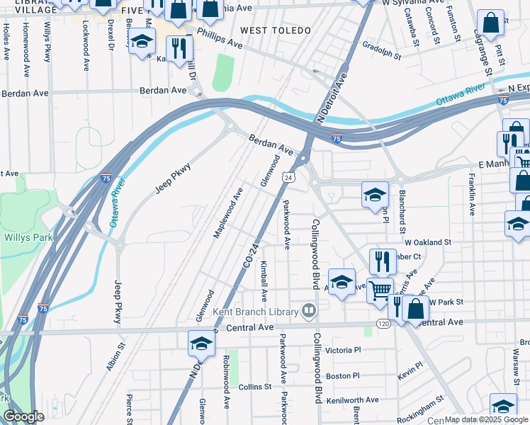 map of restaurants, bars, coffee shops, grocery stores, and more near 3338 Glenwood in Toledo
