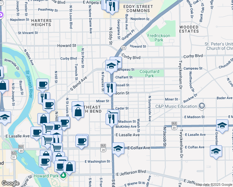 map of restaurants, bars, coffee shops, grocery stores, and more near 1100 East Sorin Street in South Bend