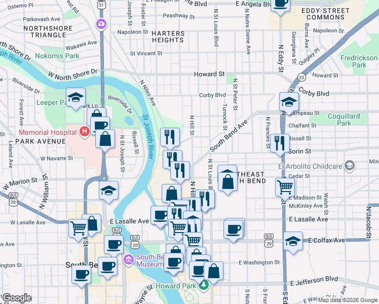 map of restaurants, bars, coffee shops, grocery stores, and more near 608 North Hill Street in South Bend