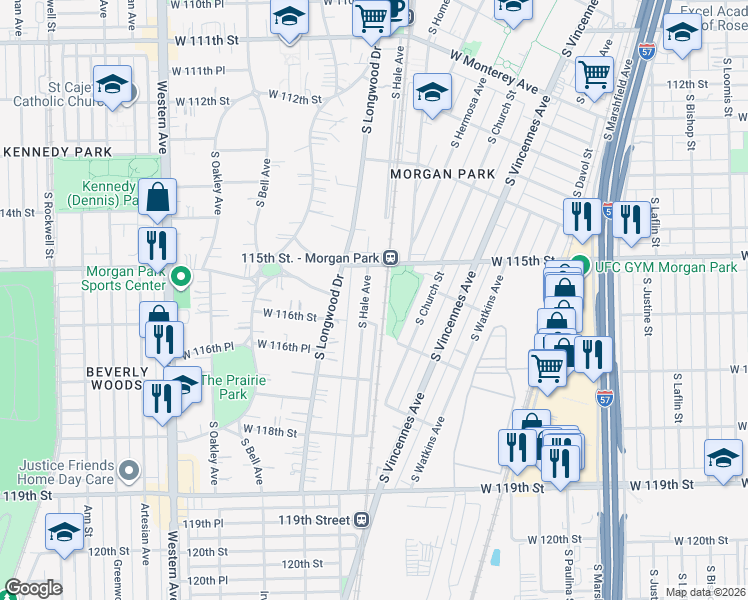 map of restaurants, bars, coffee shops, grocery stores, and more near 11539 South Hale Avenue in Chicago