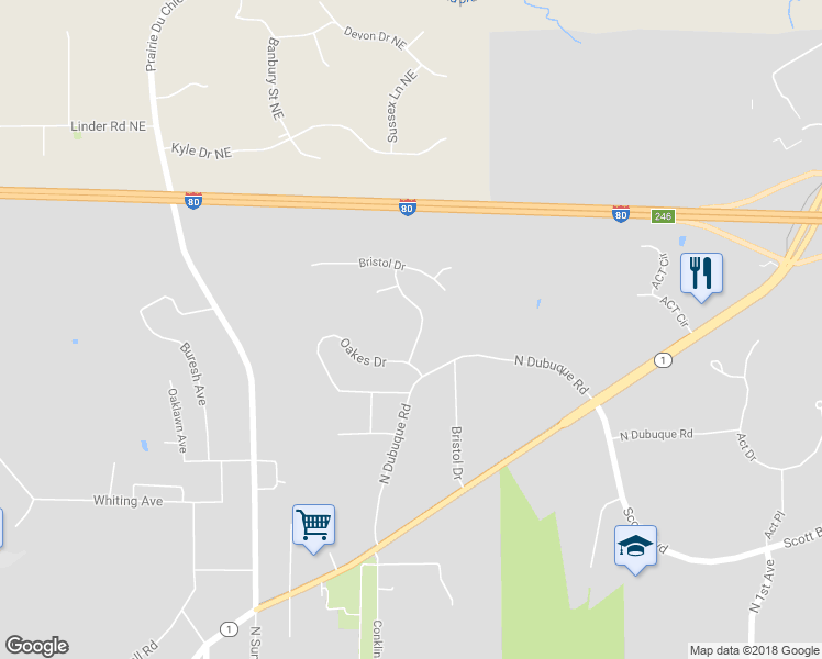 map of restaurants, bars, coffee shops, grocery stores, and more near 1640 Quincent Street in Iowa City