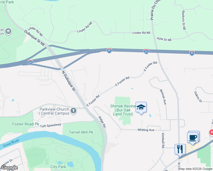 map of restaurants, bars, coffee shops, grocery stores, and more near 412 Bjaysville Lane in Iowa City
