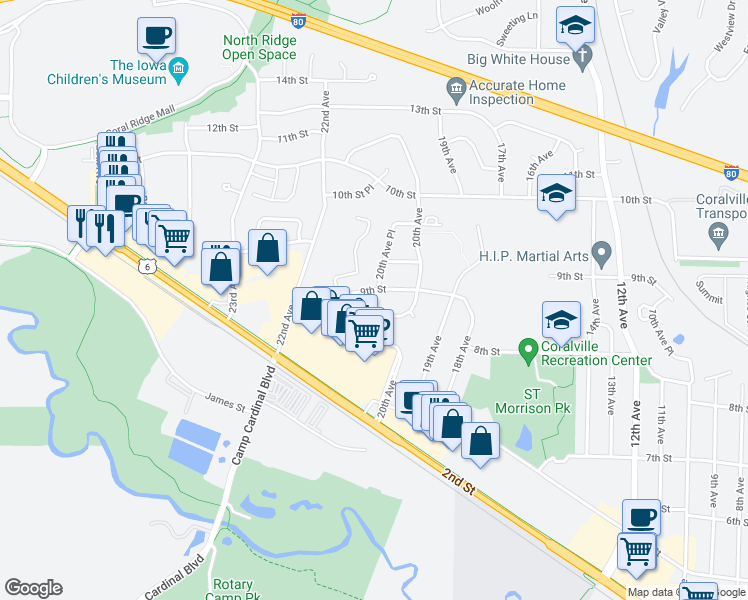 map of restaurants, bars, coffee shops, grocery stores, and more near 2028 9th Street in Coralville