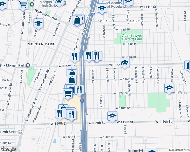map of restaurants, bars, coffee shops, grocery stores, and more near 11545 South Justine Street in Chicago