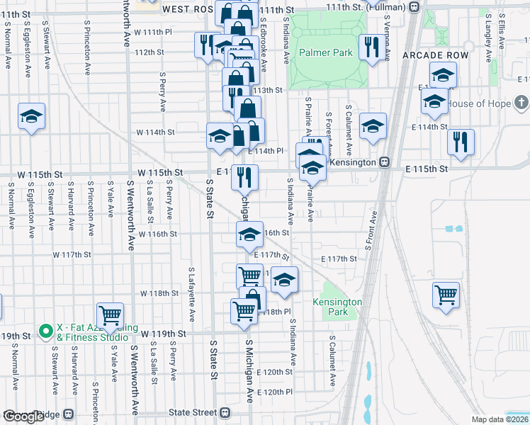 map of restaurants, bars, coffee shops, grocery stores, and more near 129 East Kensington Avenue in Chicago