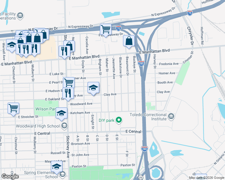 map of restaurants, bars, coffee shops, grocery stores, and more near 3311 Jeannette Avenue in Toledo
