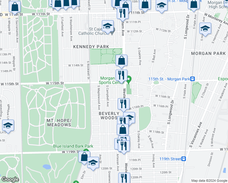 map of restaurants, bars, coffee shops, grocery stores, and more near 11532 South Artesian Avenue in Chicago
