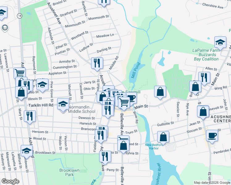 map of restaurants, bars, coffee shops, grocery stores, and more near 987 Belleville Avenue in New Bedford