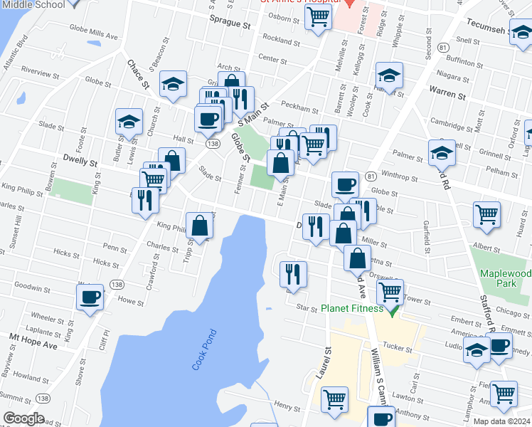 map of restaurants, bars, coffee shops, grocery stores, and more near 1030 Dwelly Street in Fall River