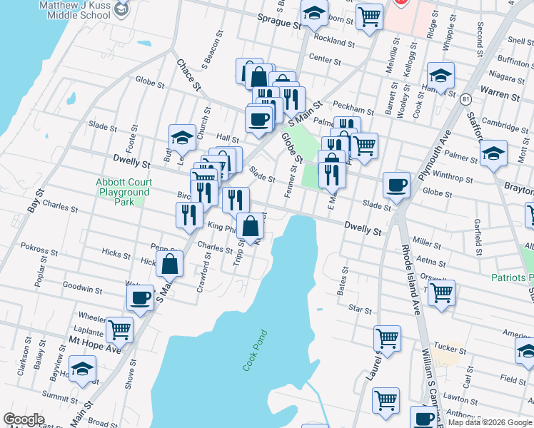 map of restaurants, bars, coffee shops, grocery stores, and more near 885 Dwelly Street in Fall River