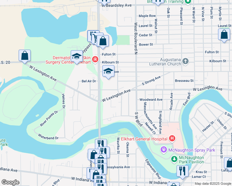 map of restaurants, bars, coffee shops, grocery stores, and more near 1702 West Lexington Avenue in Elkhart