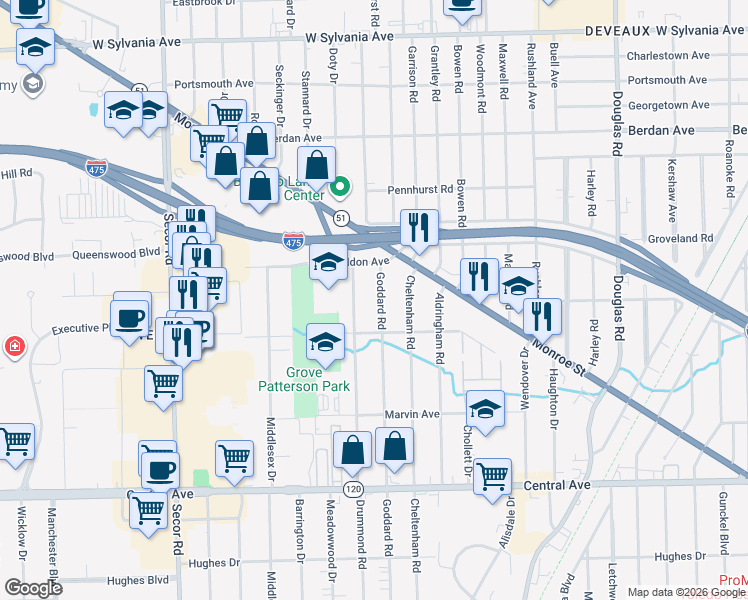map of restaurants, bars, coffee shops, grocery stores, and more near 3437 Goddard Road in Toledo