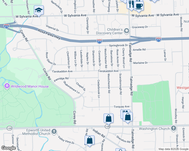 map of restaurants, bars, coffee shops, grocery stores, and more near 4534 Penridge Road in Toledo