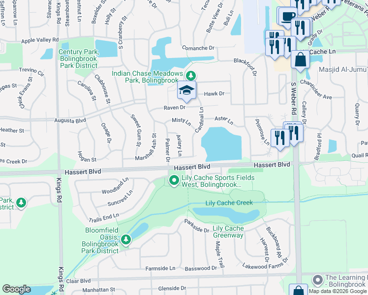map of restaurants, bars, coffee shops, grocery stores, and more near 398 Aviary Lane in Bolingbrook