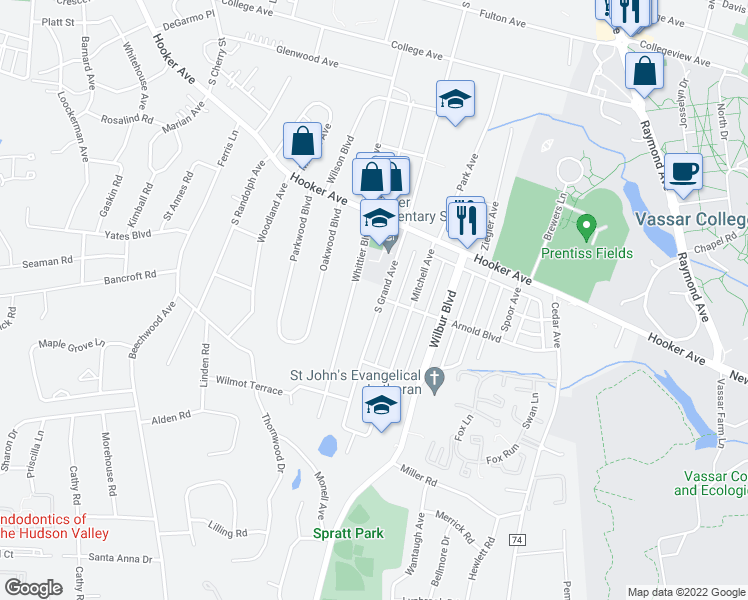 map of restaurants, bars, coffee shops, grocery stores, and more near 195 South Grand Avenue in Poughkeepsie