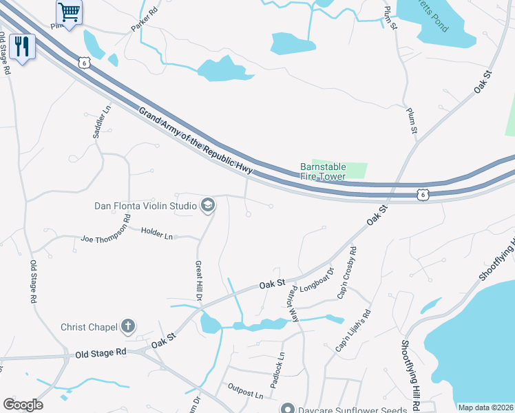 map of restaurants, bars, coffee shops, grocery stores, and more near 25 Minton Lane in Barnstable