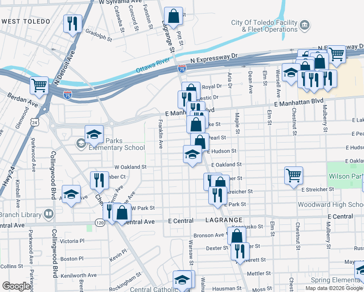 map of restaurants, bars, coffee shops, grocery stores, and more near 46 East Pearl Street in Toledo