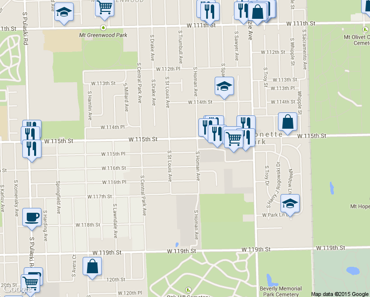 map of restaurants, bars, coffee shops, grocery stores, and more near 3426 West 115th Place in Chicago